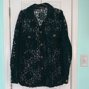 Merokeety Dark Green Lace Button Down Shirt Size XL